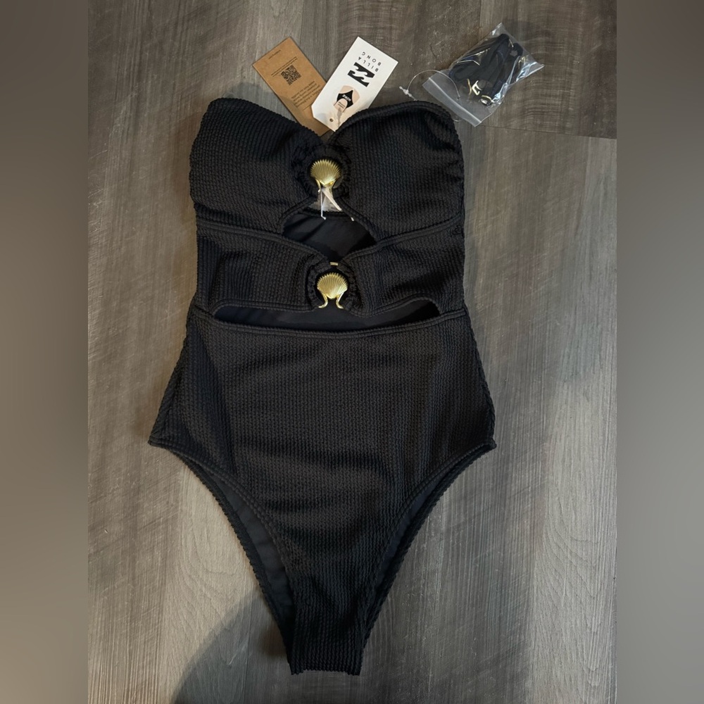 Billabong women’s black One-Piece Swimsuit with Gold Shell Accents size medium